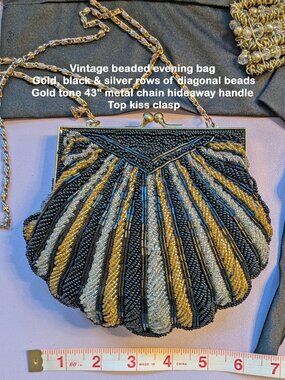 Vintage Beaded Evening Bag, Gold Black Silver, Kiss Clasp, Hide-Away chain strap